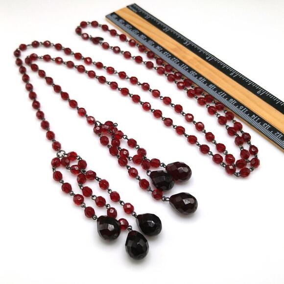 Vintage Red Crystal Necklace, Lydell NYC, Lariat Tassels Black End Pieces, 48 In - Picture 4 of 9